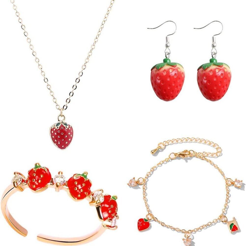 Strawberry Jewelry Set Copper Alloy Necklace Earrings Ring Bracelet Women